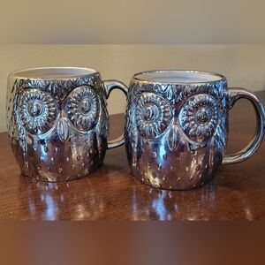 Set of 2 West Elm Silver Owl Mugs Metallic 3d Textured Lg 20oz Coffee Tea Soup